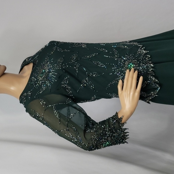 𝅺JKARA Hunter Asimetrical Green Chiffon Beaded  Embellished Gown - Picture 7 of 17